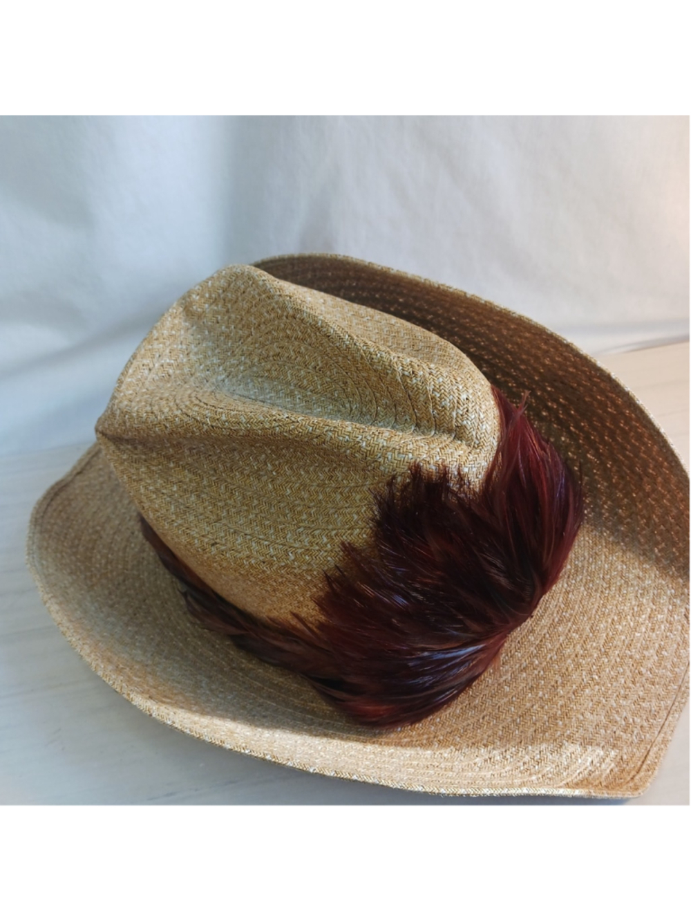 VTG Straw Cowboy Hat Small Pheasant Feathers - Picture 4 of 8